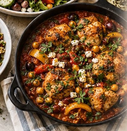 Braised chicken skillet with olives and peppers, prepared by Oren