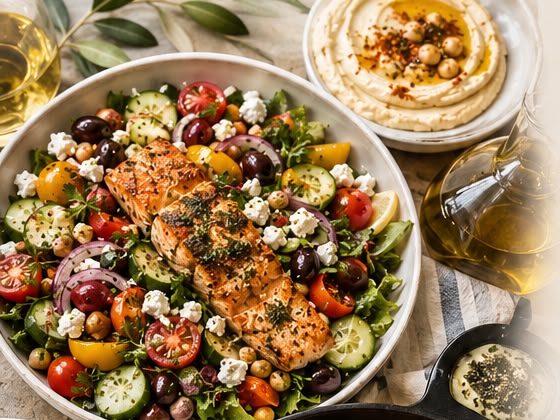 Mediterranean salmon salad bowl with hummus, prepared by Oren